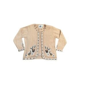Storybook Knits Sz L Cottage Core Beaded Floral Zip Beige Cardigan Sweater Set